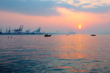 Obraz premium Calm ocean sunset over industrial port with fishing boats at dusk