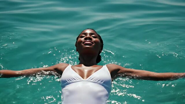 A serene woman floats peacefully on her back in turquoise water, arms outstretched, enjoying a moment of tranquility and connection with nature.