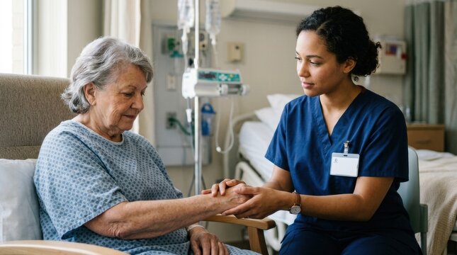 Nurse holding elderly patient's hand with care and compassion in hospital room