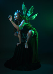 Fototapeta premium portrait of female model wearing fantasy fairy costume, green dress, cloak, butterfly wings and crown. full length crouching pose, isolated on dark studio background.
