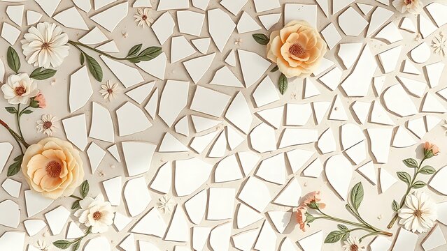 guyot. Broken porcelain fragments reassembled into an elegant floral mosaic on a neutral surface, top-down view. menu design.