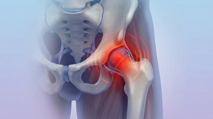 Illustration of painful hip joint with inflammation and radiating pain signals