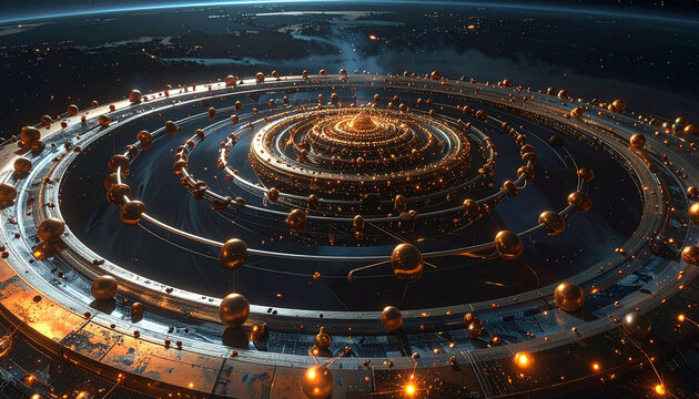 Wide Aerial View of Complex Glowing Amber and Copper Neural Knowledge Map for Humane AI