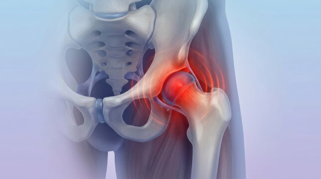 Illustration of painful hip joint with inflammation and radiating pain signals