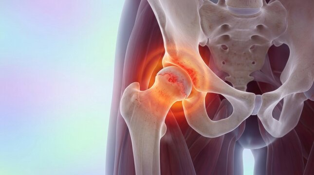 3D rendering of painful hip joint with inflammation and bone damage