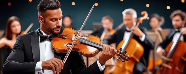 Fototapeta premium Violinist performing with orchestra in formal concert setting, classical string ensemble on stage