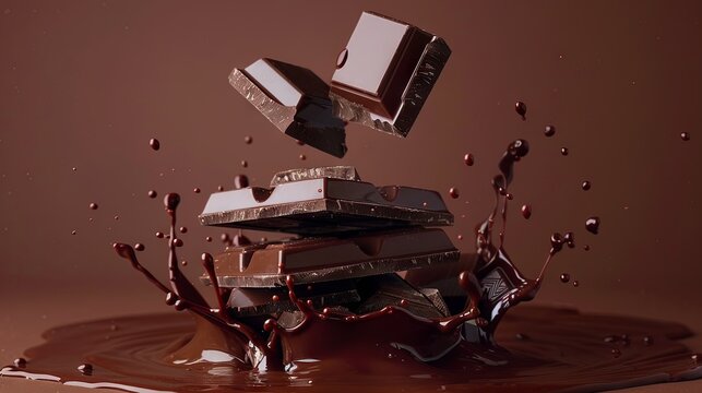 Flying Chocolate Pieces with Splash &ndash; Liquid Chocolate Explosion, Sweet Dessert Concept, Luxury Dark Chocolate Advertising Background