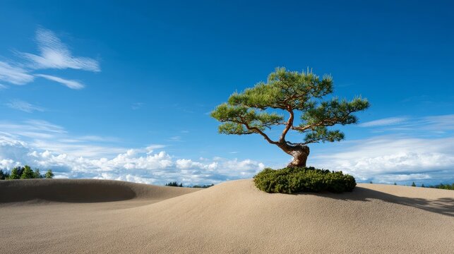 Lone pine growing on sand dune in open desert landscape under clear sky