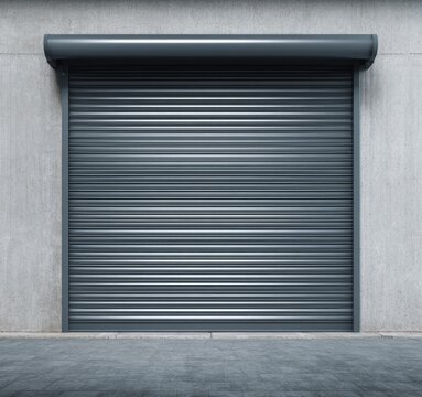Industrial grey metal roller door against a textured concrete wall