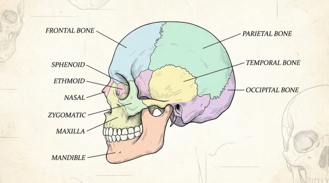 Detailed anatomical illustration of the human skull with labeled bones