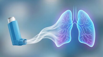 Naklejka premium Asthma inhaler releasing medication into glowing lungs for respiratory relief