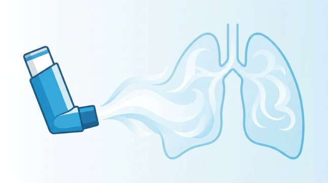 Asthma inhaler releasing medication into stylized lungs for respiratory relief