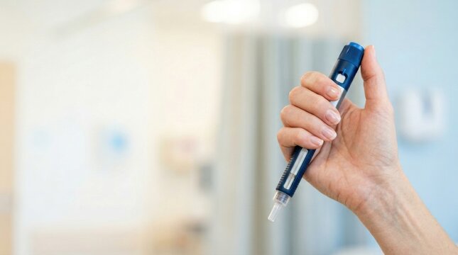 Close-up of a hand holding an insulin pen for diabetes treatment