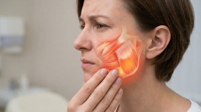 Woman experiencing pain in jaw muscles, highlighted with inflammation