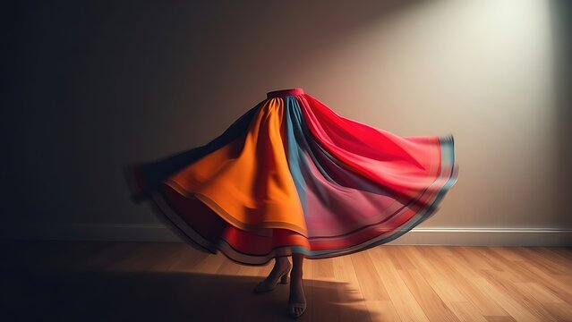 gyration. Spinning skirt creating circular motion blur in a dimly lit room. wellbeing guides, coaching materials, designed for coaching and self-improvement content, encourages positive mindset.