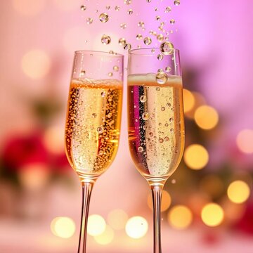 Sparkling champagne bubbles rise in a celebratory toast, set against a soft, festive background of light and color, champagne,  celebration