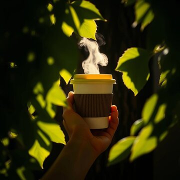 Sunlit leaves frame a hand cupping a reusable coffee cup, steam a whisper against shadowy bark,  reuse,  future