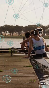Vertical video: Rowing crew adjusting grip, initiating strokes to launch shell, AI overlaying