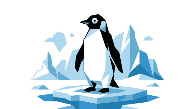 Geometric Penguin on Ice Floe, Arctic Landscape, Minimalist Style