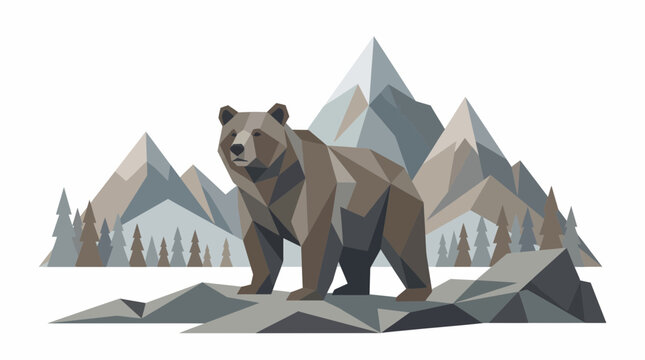 Geometric Grizzly Bear Standing on Rocks with Mountains and Trees Background