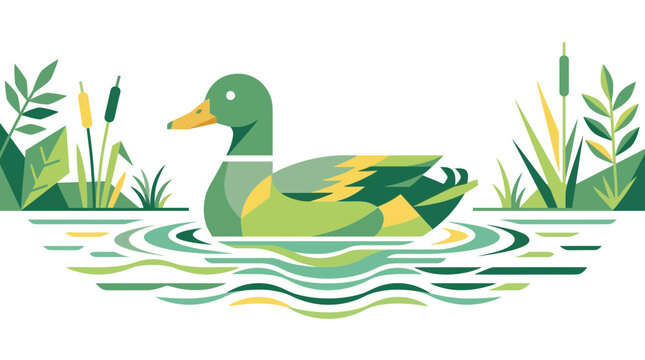 Geometric Mallard Duck Swimming in Rippling Water with Reeds and Leaves, Nature Illustration