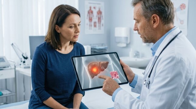 Doctor explains liver condition to patient using digital tablet in examination room