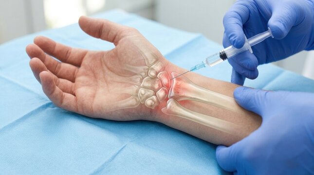 Doctor administering injection into inflamed wrist joint with skeletal overlay