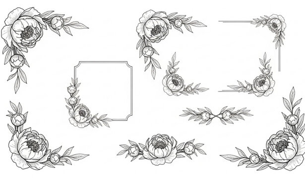 Vintage peony floral engraving frames and borders with hand drawn botanical line art for stationery