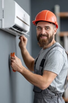 Smiling male technician installing air conditioning unit with safety helmet.