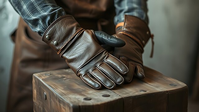 farrier. A worn leather apron and gloves resting on a wooden block. safety posters, maintenance manuals, designed for precision metalworking and fabrication facilities, used by operations managers.