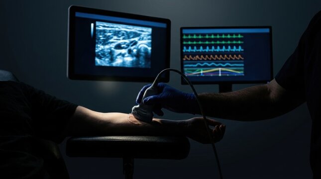 Medical professional performs ultrasound scan on patient's arm with vital signs monitor