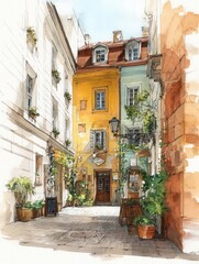 Obraz premium Watercolor illustration of a charming European alley with colorful buildings, plants, and cafe entrance, vertical street scene with copy space.