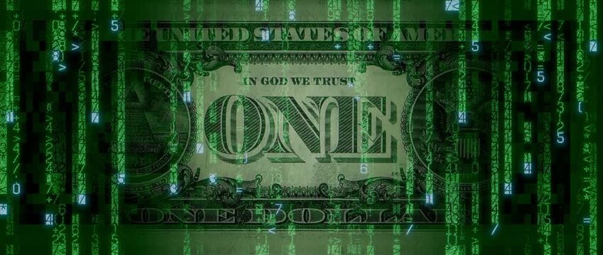 Electronic Money Concept with One Dollar Bill made up of Animated Code. Innovative Banking Wallpaper.