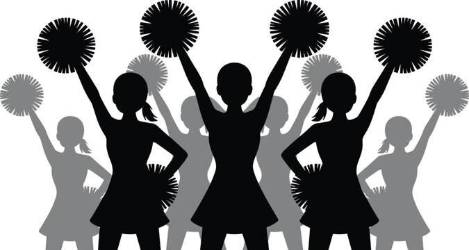 Cheerleader silhouette team raising pompons energetic dance formation sport support performance illustration background design concept poster artwork