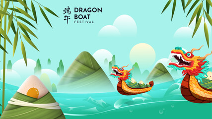 Naklejka premium Dragon boat festival with zongzi, colorful dragon boat, ocean waves, bamboo leaves and mountain background