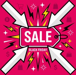 Obraz premium Black Friday Sale Promotion Banner with Arrows and Lightning Bolts.