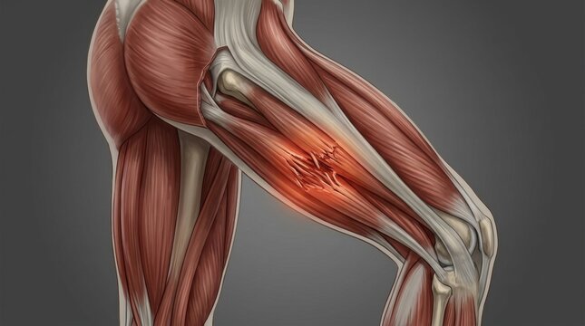 Close-up anatomical illustration of a torn hamstring muscle with inflammation