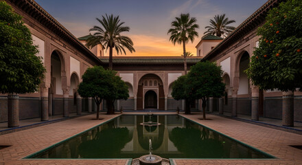 Fototapeta premium serene courtyard with pool and palm trees at sunset