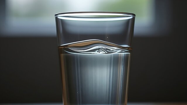 meniscus. Water in a glass showing a curved meniscus against the glass surface. STEM education sheets, lab safety posters, designed for biotech research communications, clarifies complex topics.