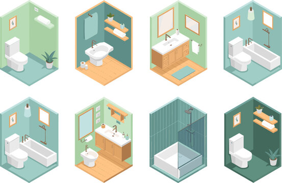 Isometric bathroom interior set toilet sink bathtub shower restroom vector collection home design illustration modern
