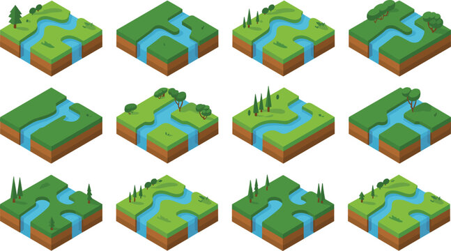 Isometric landscape river terrain set nature map forest grassland vector collection illustration environment design icons