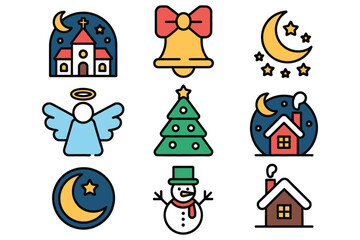 Fototapeta premium Holiday Celebration Flat Icon Set Church Bell Moon Angel Tree Snowman