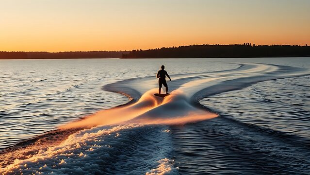 wakeboarder. Wakeboarder gliding on a calm lake at sunset with golden reflections. inspiring travel planning, gardening catalogs, designed for home decor and floral branding, used by recruiters.