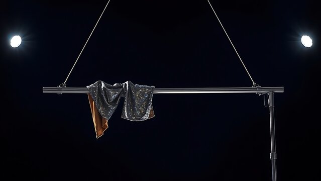 aerialist. Polished silver aerialist bar with sequined costume draped over it, spotlight. product launch decks, UI/UX mockups, designed for data visualization dashboards and holographic UIs.