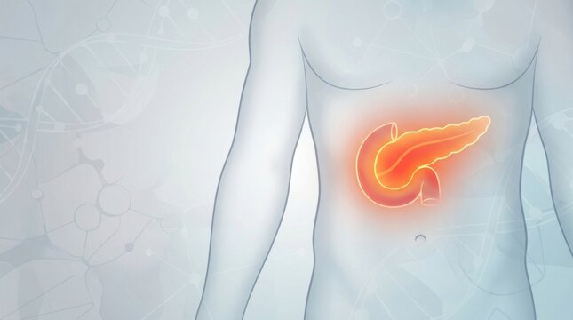 Illustration of the human pancreas highlighted in orange within a transparent body outline