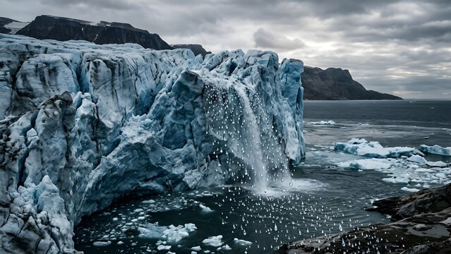 Melting Glacier with Water Droplets Falling into the Ocean as a Concept of Global Warming