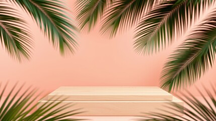 Fototapeta premium Minimalist stage. Wooden platform, tropical leaves framing pink backdrop. Soft lighting creates inviting presentation space.