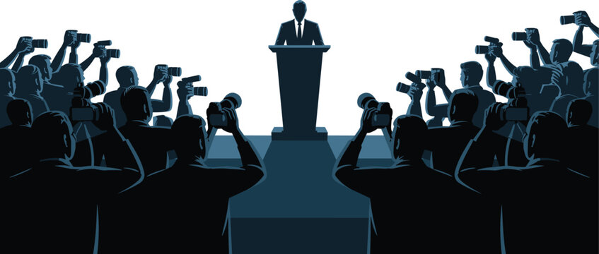 Politician speech podium press conference media photographers cameras journalism announcement vector illustration leadership public event concept