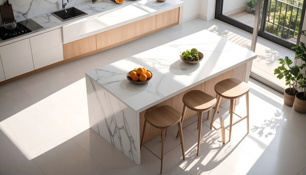 Modern Luxury Kitchen Island with Bar Stools and Fruit Bowls.