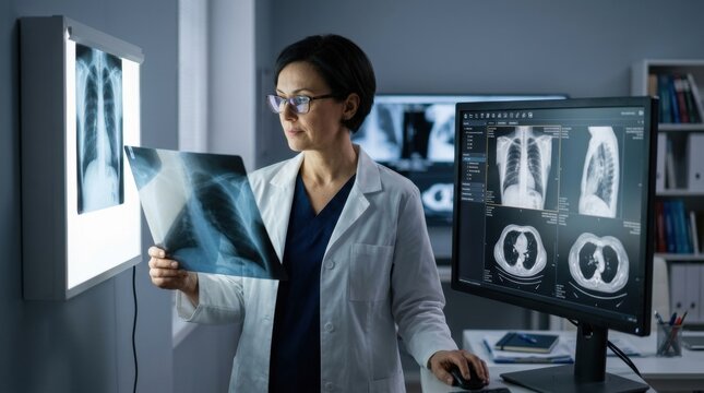 Doctor examining chest x-ray scans on light box and computer screen